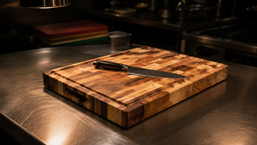 Thick hard maple end-grain cutting board lit on a stainless steel prep station in a professional kitchen, with colour-coded plastic boards stacked in shadow behind