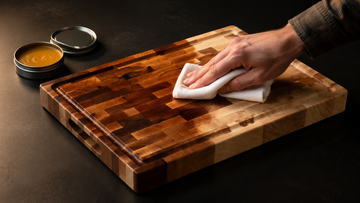 Board Balm conditioner being wiped into a hard maple end-grain butcher block, the treated half visibly darker than the untreated half