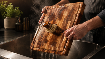 Hard maple end-grain cutting board held upright at a sink and washed with hot soapy water and a dish brush, water draining off rather than pooling