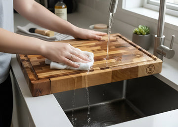 Cutting board with a juice groove next to a flat board