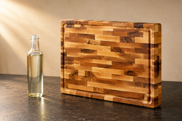 Bottle of food-grade mineral oil beside a hard maple end-grain cutting board standing on edge, the food-safe way to condition wood