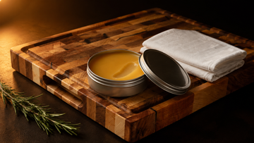 Open tin of Board Balm beeswax and mineral oil conditioner with a folded cloth on a honey-amber hard maple end-grain cutting board