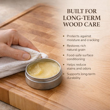 Board Balm conditioning a maple cutting board with food-grade mineral oil and beeswax, the safest oil for wood