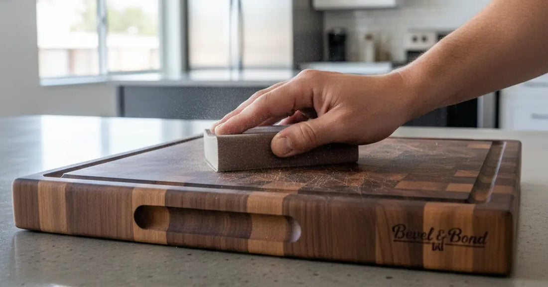 Close-up of sanding a walnut Bevel & Bond cutting board with visible knife marks