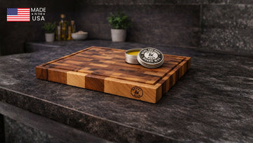 American-made hard maple cutting board on a kitchen counter