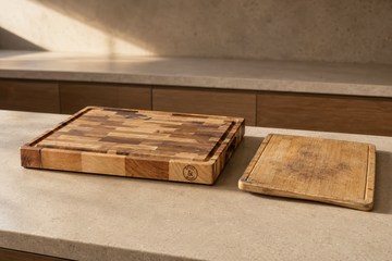A premium thick end-grain maple cutting board beside a cheap warped bamboo board, showing the value difference