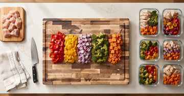 Large Bevel & Bond hard maple cutting board during meal prep with chopped vegetables and glass containers