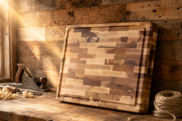 American-made end-grain maple cutting board leaning against a reclaimed-wood workshop wall in golden light