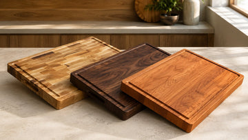 Maple, walnut and cherry cutting boards side by side, the three hardwoods The Boardsmith offers, reviewed by Bevel & Bond