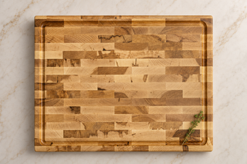 Bevel & Bond end-grain hard maple cutting board made in the USA, showing its squared end-grain surface