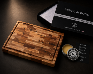 Bevel & Bond end-grain maple cutting board gift set with Board Balm tin, care card, and black gift box