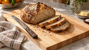 Sourdough bread sliced on an edge grain maple bread board