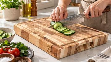 Japanese gyuto knife slicing cucumber on a Bevel & Bond end grain maple cutting board