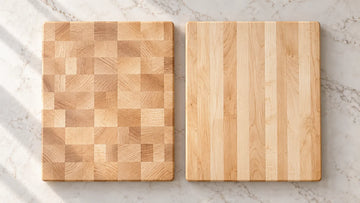 End grain maple board with a block pattern beside an edge grain maple board made of long parallel strips