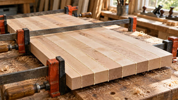Hard maple strips glued and clamped edge to edge to make an edge grain cutting board