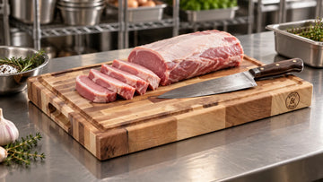 Hard maple end grain cutting board with a pork loin and knife on a stainless prep table in a commercial kitchen