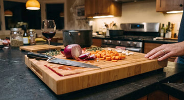End-grain hard maple cutting board on a kitchen island with a chef's knife and chopped vegetables