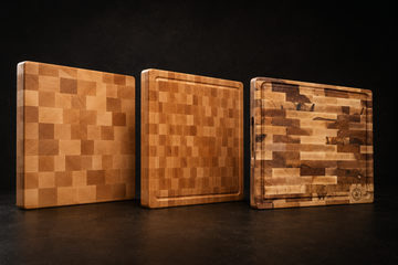 Three premium end-grain maple cutting boards lined up for a head-to-head end-grain comparison