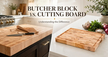 Thick maple butcher block next to a thinner cutting board