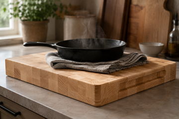 Hot cast-iron skillet resting on a folded towel protecting a thick maple cutting board from heat