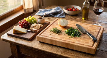 Thin cheese serving board beside a thick end-grain maple work board