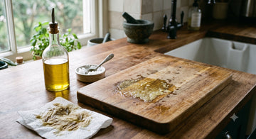 Sticky rancid patch on a wooden cutting board beside bottles of cooking oil
