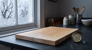 Hairline crack in a dry wooden cutting board during winter