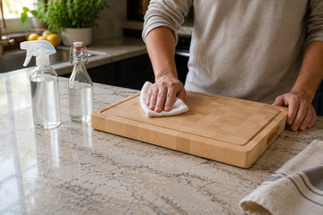 Wiping down a wooden cutting board with a cloth beside a spray bottle and white vinegar