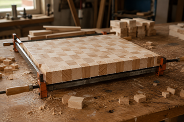 End-grain maple cutting board blank clamped in bar clamps during glue-up on a workshop bench