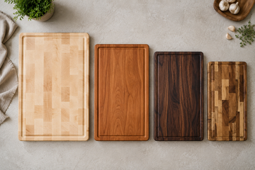 Four wooden cutting boards in maple, cherry, walnut and mixed hardwood laid out side by side for comparison