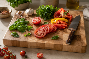 Fresh tomatoes, herbs and peppers being sliced on a thick maple cutting board with a chef's knife