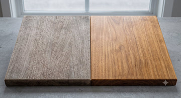 Dry gray cutting board next to a freshly oiled one