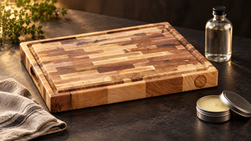 A bottle of mineral oil and an open tin of Board Balm beside a Bevel & Bond end grain maple cutting board