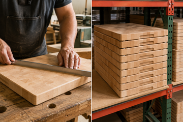 Craftsman checking a maple cutting board with a straightedge beside a stack of identical factory-made boards