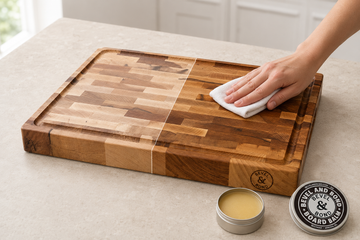 Applying Board Balm to a Bevel & Bond end-grain maple cutting board, showing its premium build and care