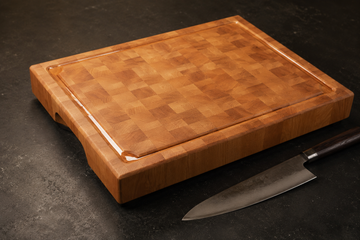 Routed juice groove on a thick end-grain hard maple cutting board catching liquid in the corner well