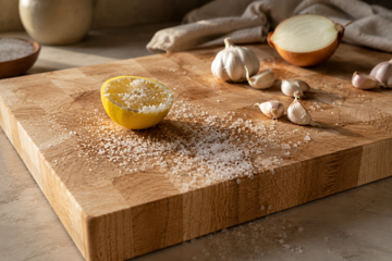 Half a lemon and coarse salt used to scrub odors from a maple cutting board, with garlic and onion nearby