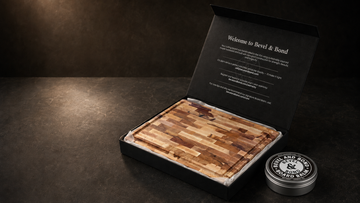 maple cutting board in a premium black gift box