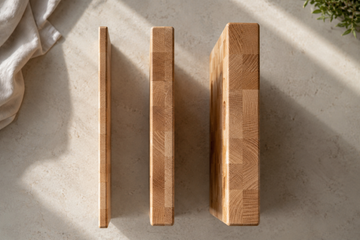 Three end-grain maple cutting boards standing on edge side by side, showing thin, medium and thick profiles