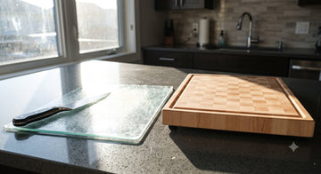 Scratched glass cutting board beside a warm end-grain maple board