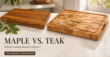 Side-by-side comparison of a pale hard maple end-grain cutting board and a darker golden-brown teak board