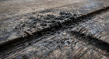 Black mold spots on the surface of a neglected wooden cutting board