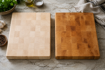 Pale new maple cutting board beside an aged maple board that has deepened to a warm honey patina