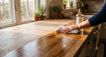 Oiling a butcher block countertop with a cloth, half treated