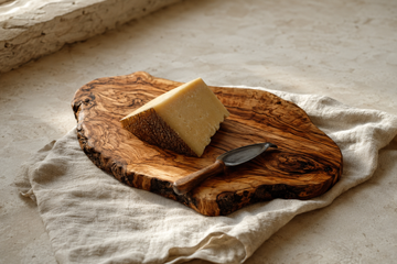 Small olive wood serving board with dramatic figured grain holding cheese and a knife
