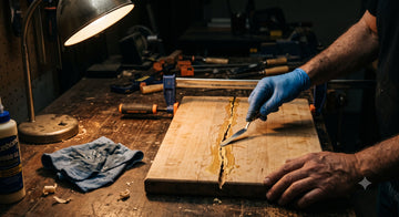 Repairing a cracked wooden cutting board with wood glue and a clamp