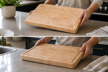 Reversible maple cutting board being flipped to show a flat face and a juice groove face