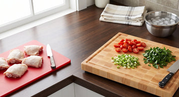 Raw chicken on a plastic board beside vegetables on an end-grain maple cutting board