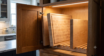 Wooden cutting boards stored upright in a slotted cabinet rack