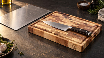 An unbranded titanium cutting board beside a Bevel & Bond end grain maple cutting board on a dark kitchen counter